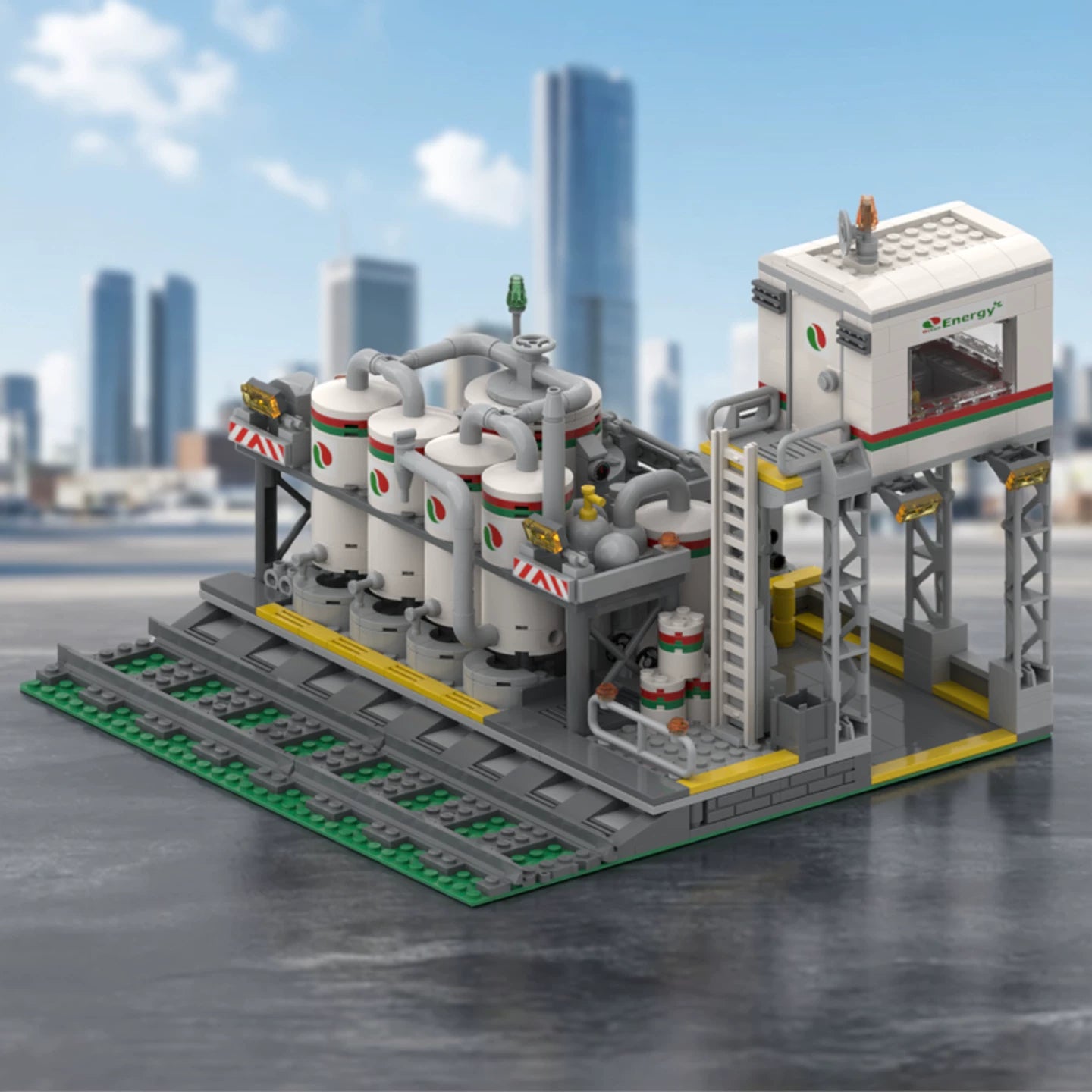 MOC-127086 Building block model of tank trailer transfer station next to industrial construction rail car