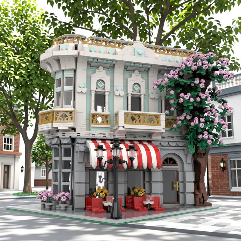 MOC-131134 Street View Architecture Series Cafe Building Block Toy Model under the Cherry Blossom Tree