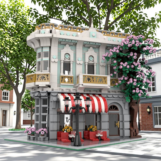 MOC-131134 Street View Architecture Series Cafe Building Block Toy Model under the Cherry Blossom Tree