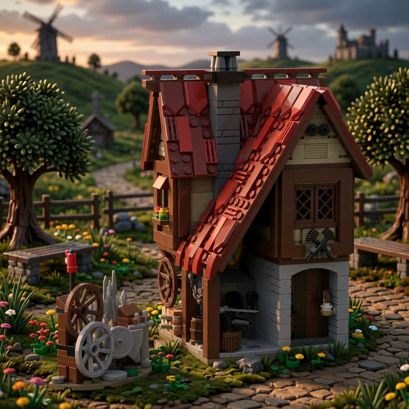 MOC-173050 Medieval Architecture Village Blacksmith Shop Building Blocks Educational Toy Model Ornament