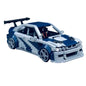 A completed LEGO model of a BMW E46 M3 GTR in blue and gray colors, designed by QuattroBricks.